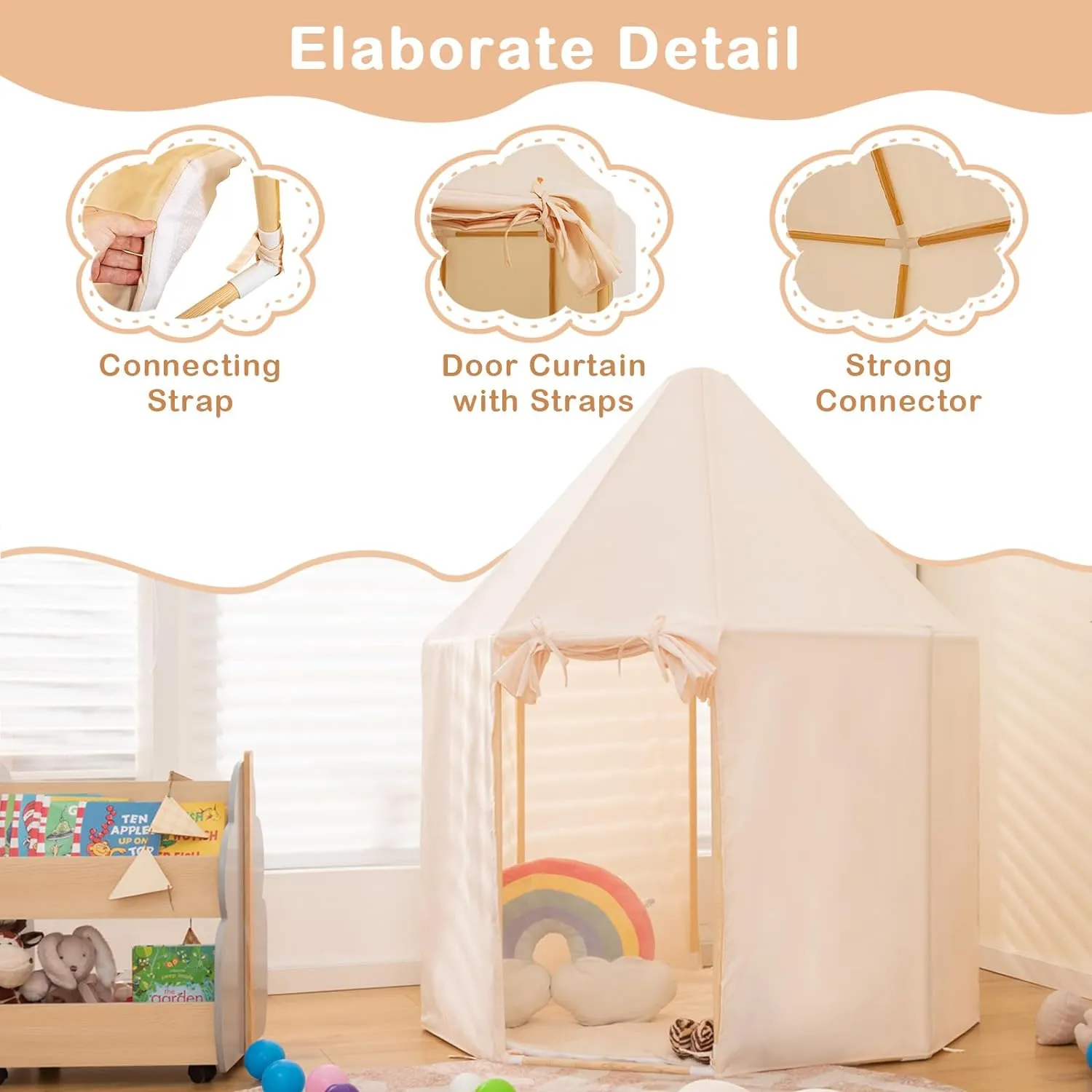 Children’s Large Playhouse Tent | 2 Doors with Washable Mat | Cream