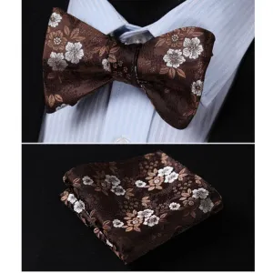 Chocolate Brown Floral Print Mens Silk Self tie Bow Tie with Pocket Squares Set