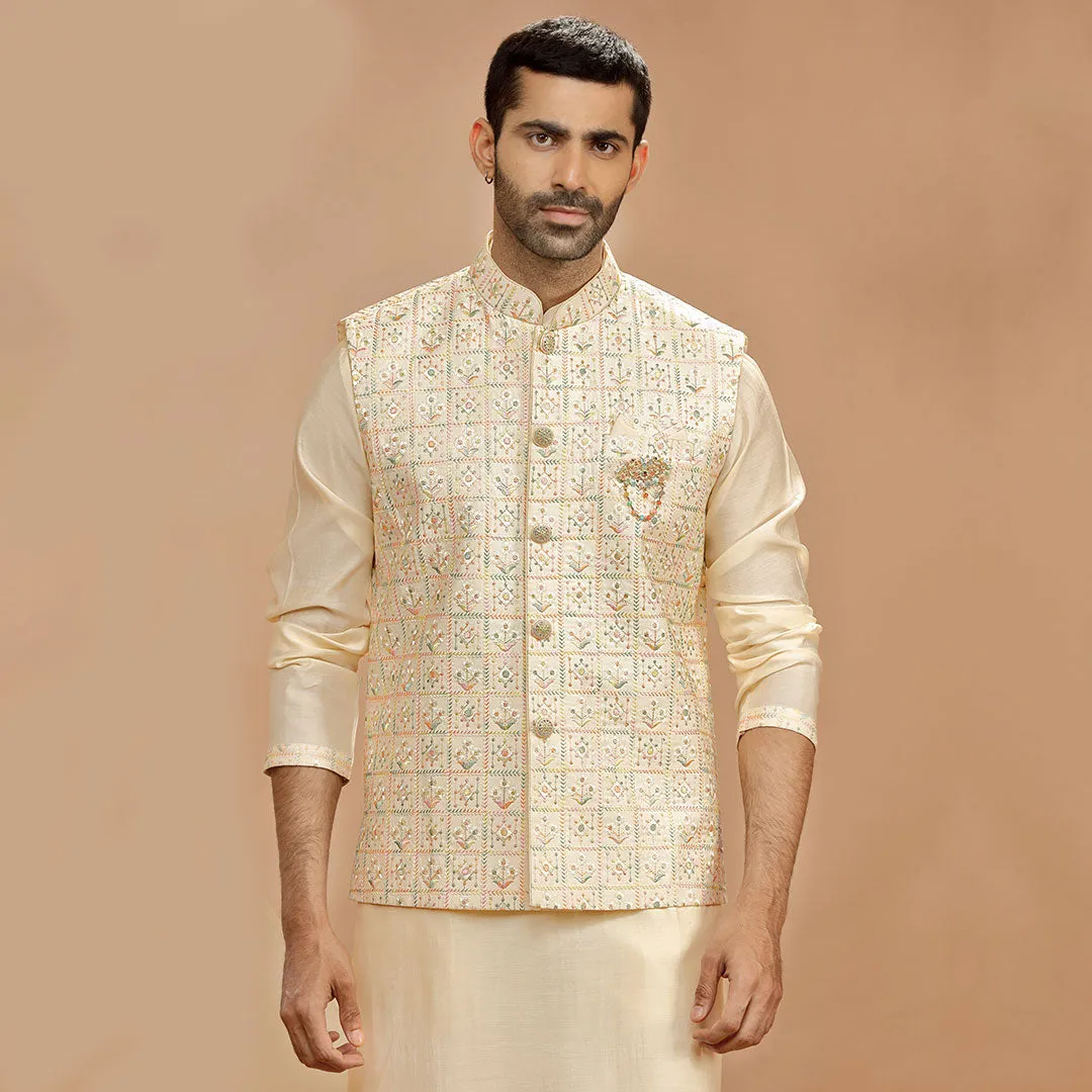 Cream Raw Silk Kurta Pants With Nehru Jacket