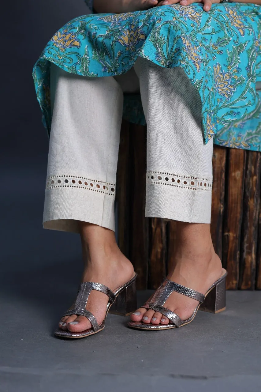 Cream Straight Pant In Cotton With Lace Work