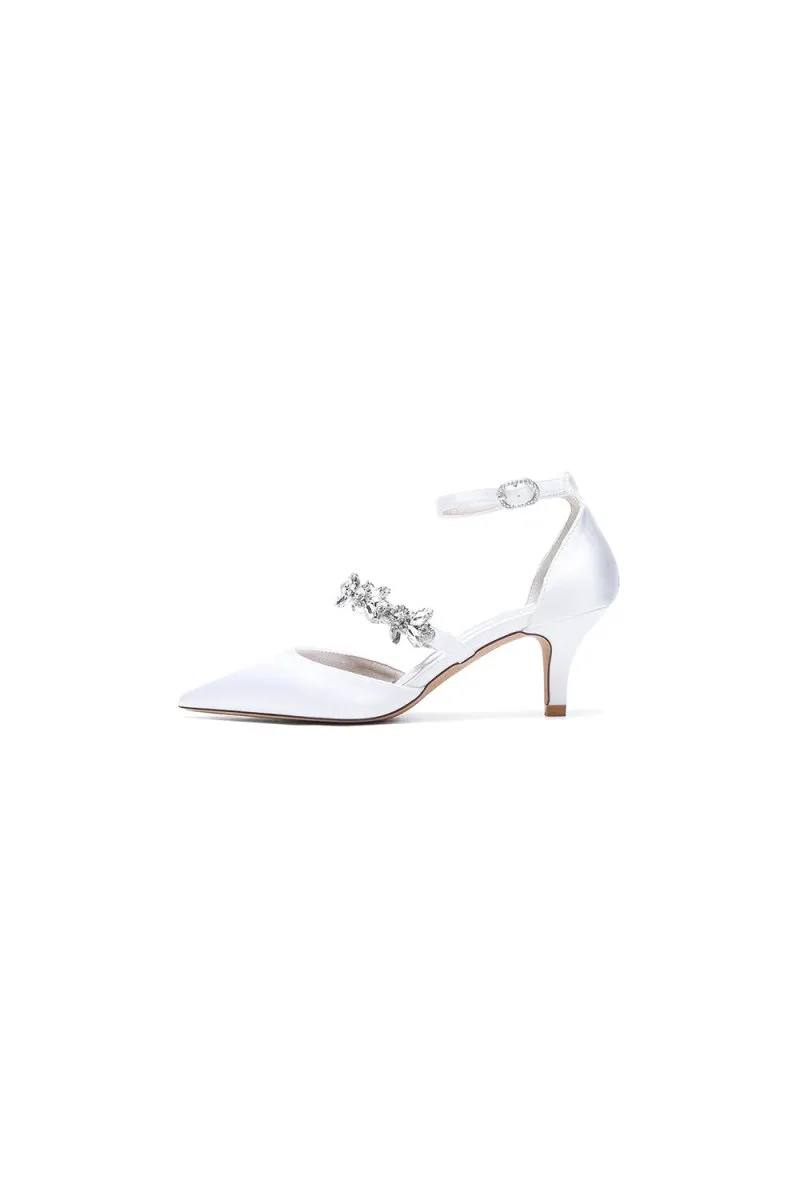 Crystal Strap Pointed Toe Satin Kitten Heels