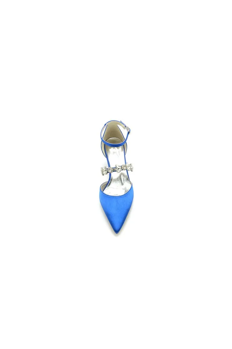 Crystal Strap Pointed Toe Satin Kitten Heels
