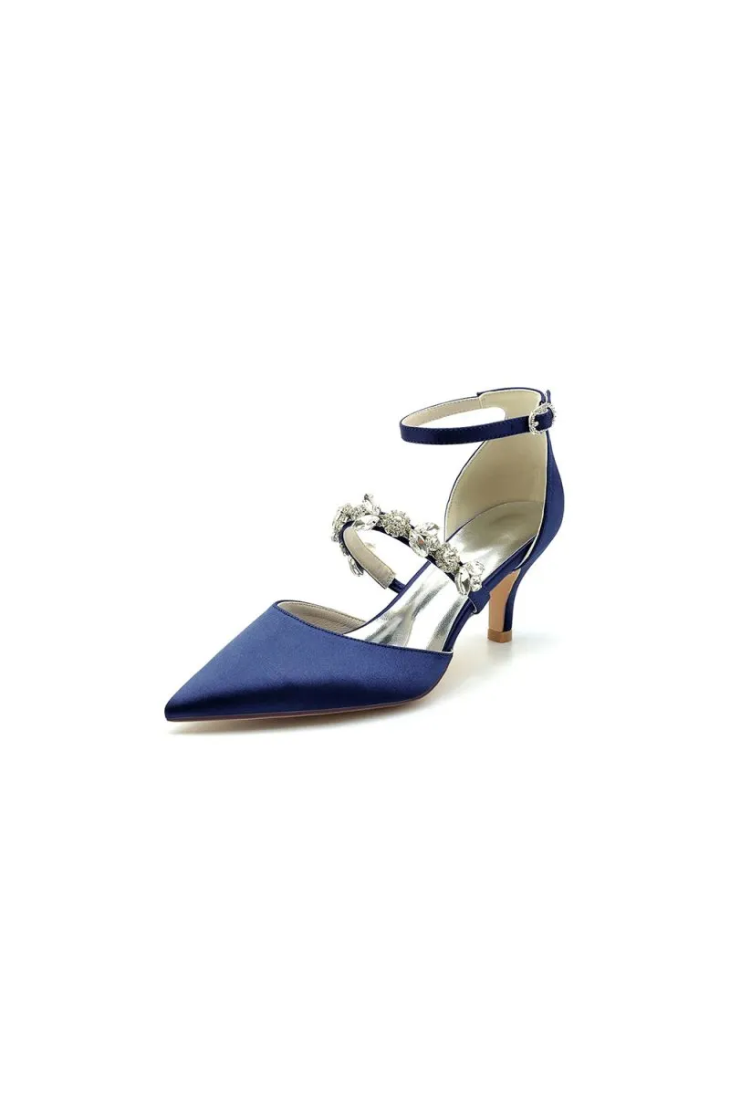 Crystal Strap Pointed Toe Satin Kitten Heels