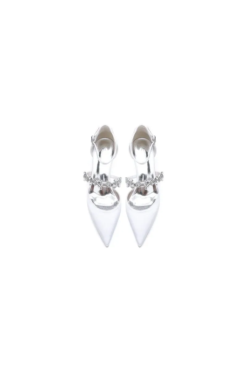 Crystal Strap Pointed Toe Satin Kitten Heels