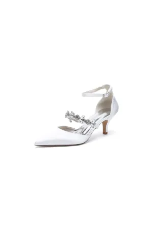 Crystal Strap Pointed Toe Satin Kitten Heels
