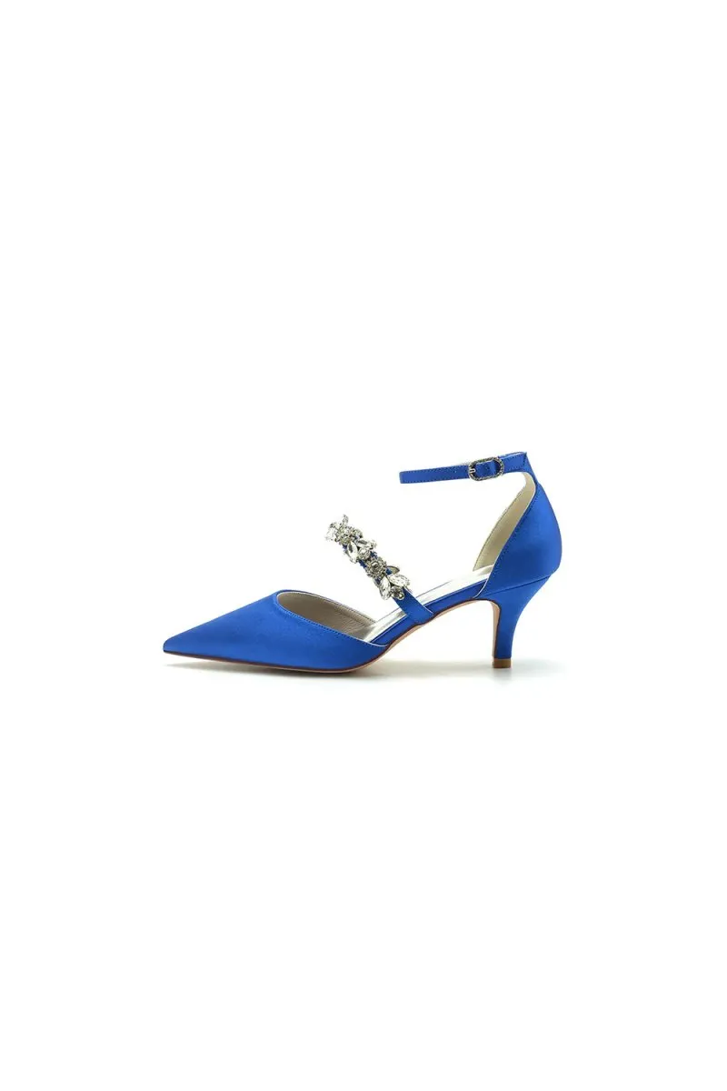 Crystal Strap Pointed Toe Satin Kitten Heels