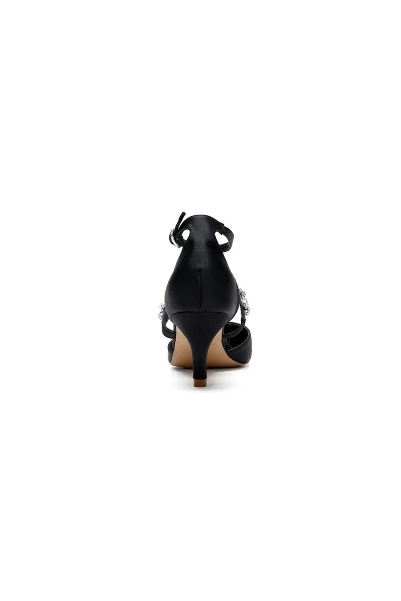 Crystal Strap Pointed Toe Satin Kitten Heels