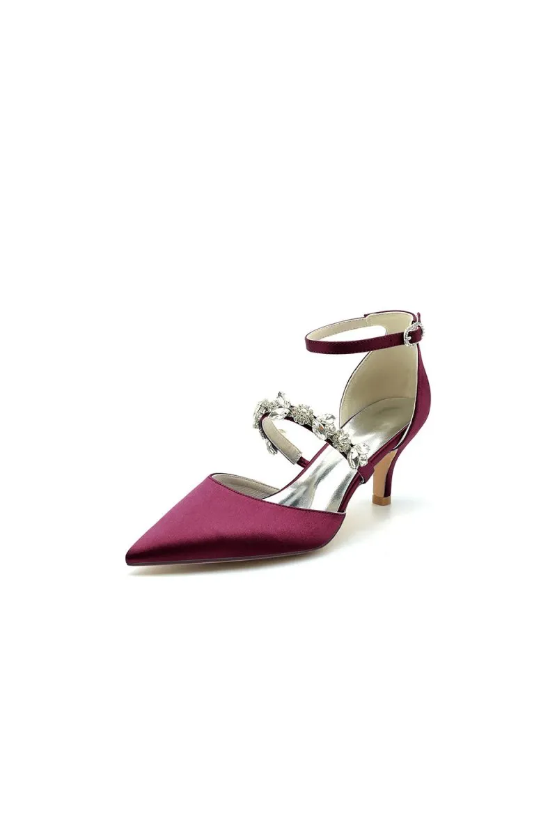 Crystal Strap Pointed Toe Satin Kitten Heels