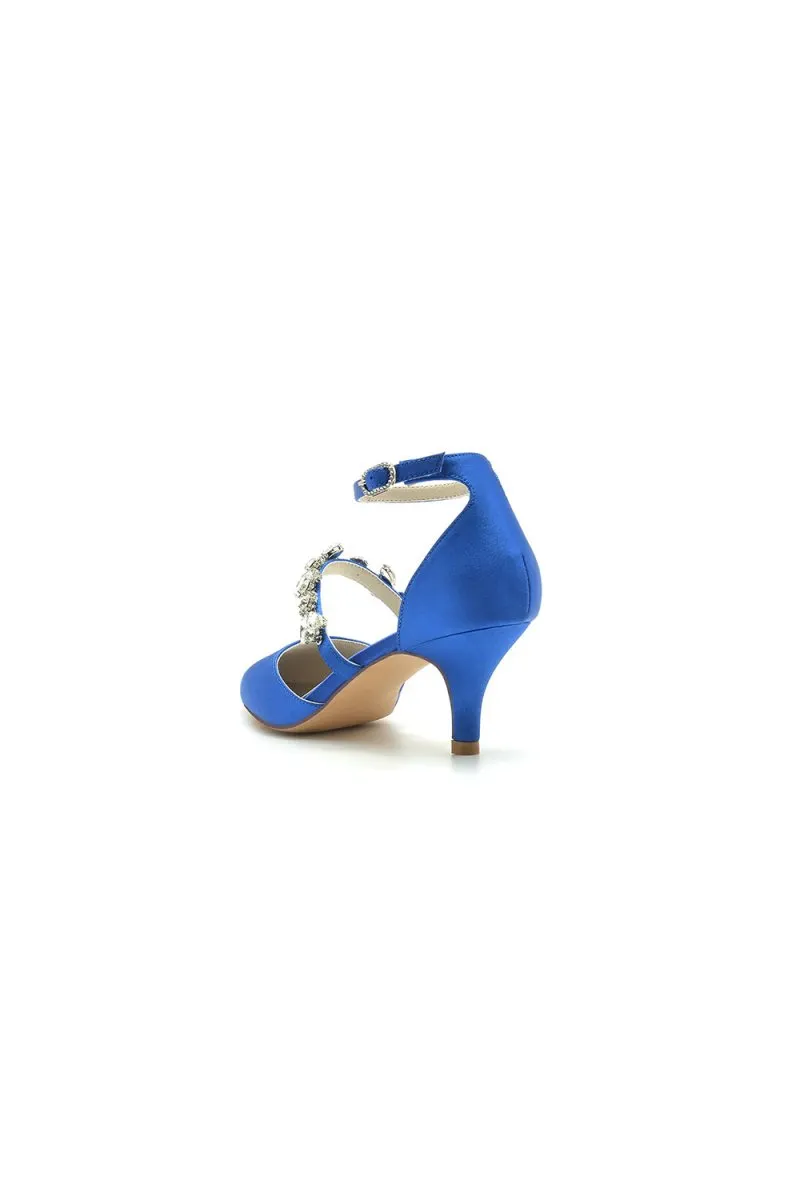 Crystal Strap Pointed Toe Satin Kitten Heels