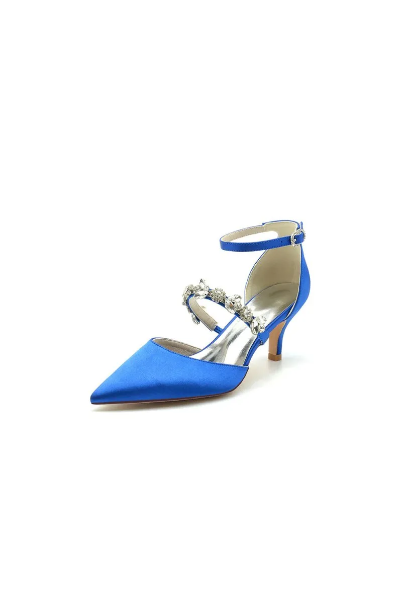 Crystal Strap Pointed Toe Satin Kitten Heels