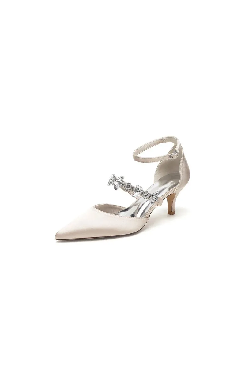 Crystal Strap Pointed Toe Satin Kitten Heels