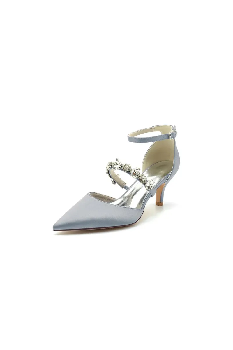Crystal Strap Pointed Toe Satin Kitten Heels