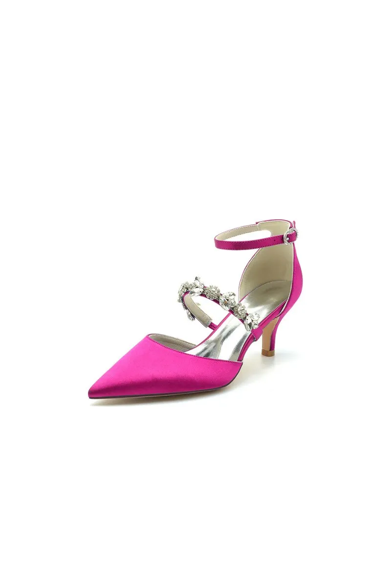 Crystal Strap Pointed Toe Satin Kitten Heels