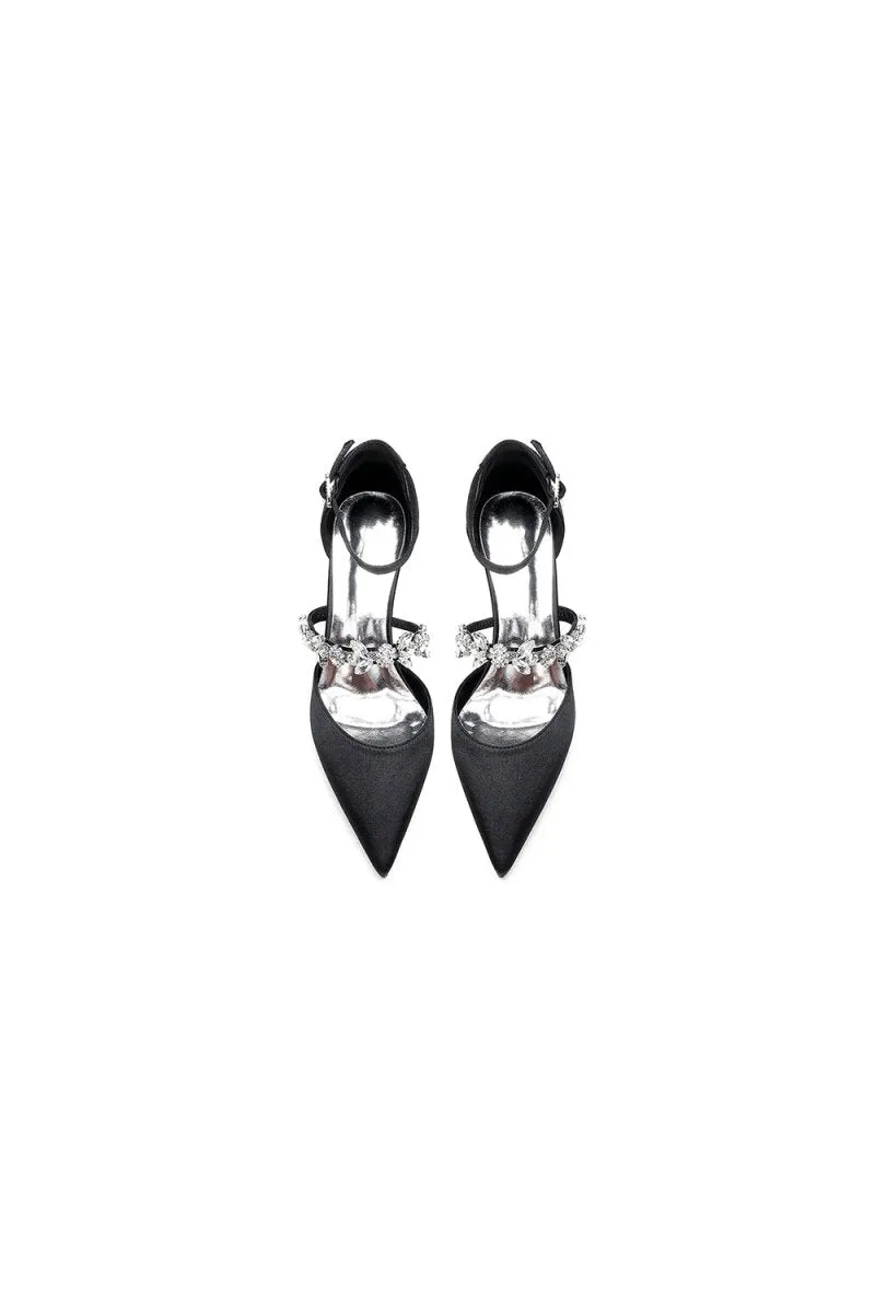 Crystal Strap Pointed Toe Satin Kitten Heels