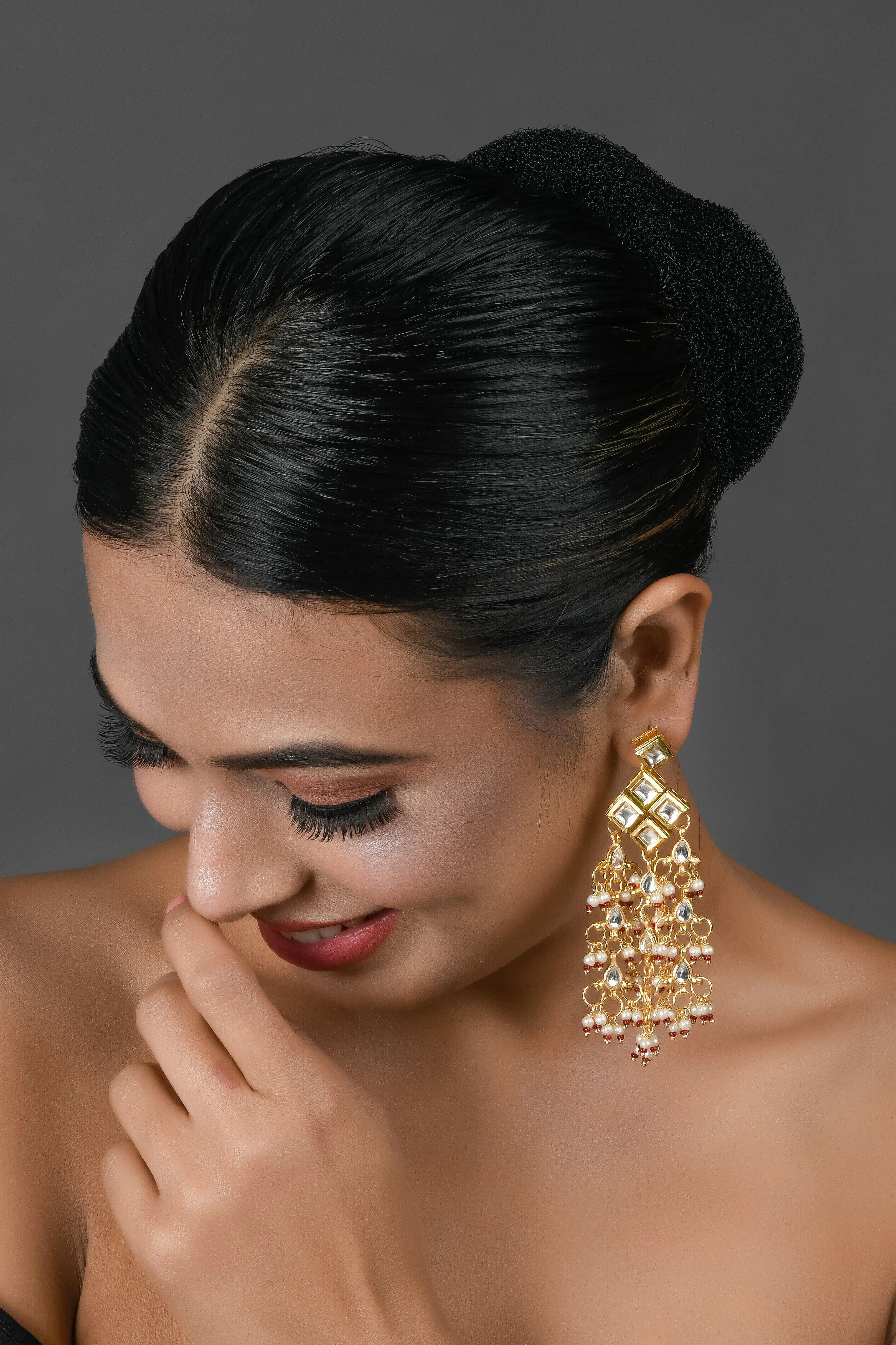 Designer Gold & White Kundan Drop Tassel Earrings