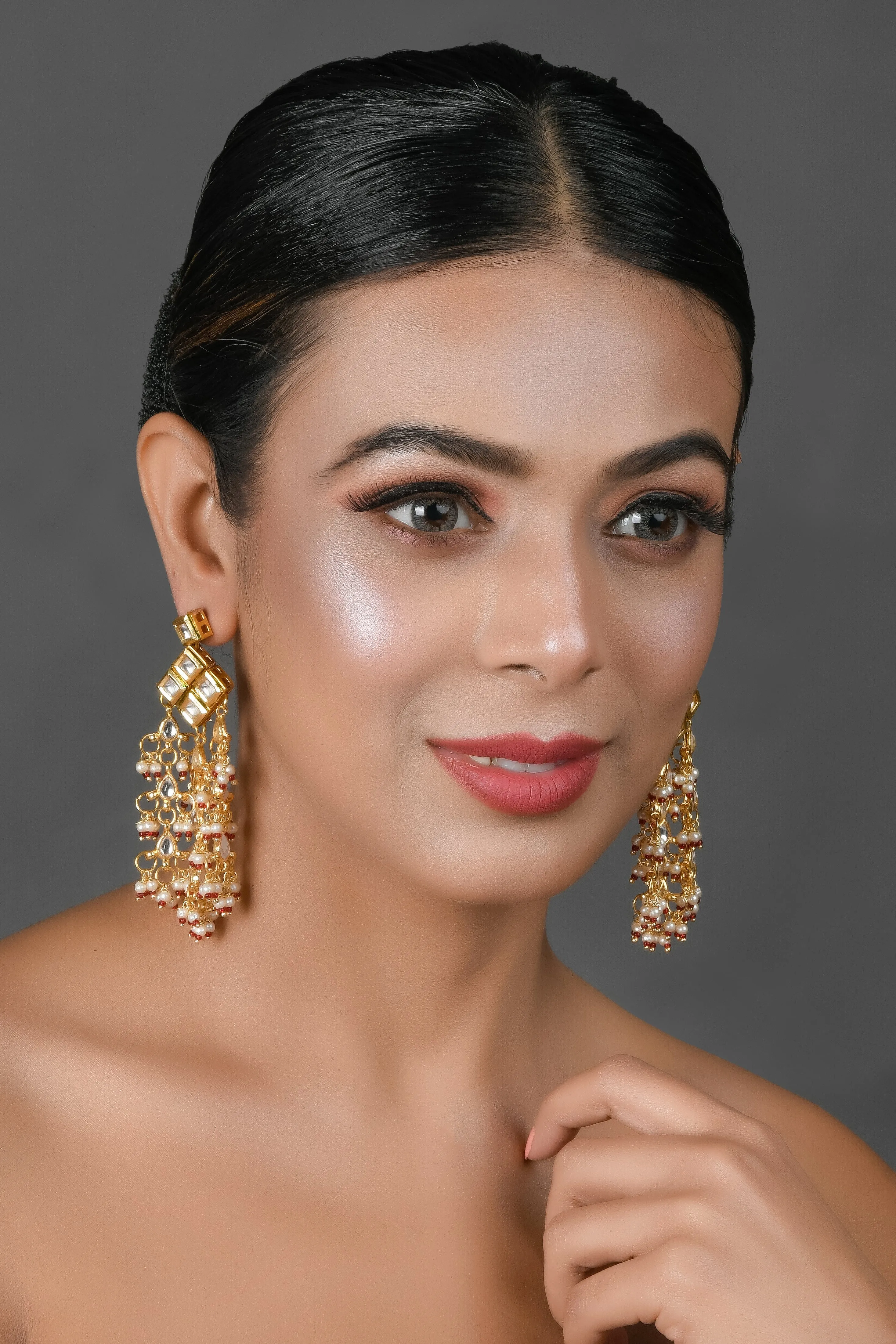 Designer Gold & White Kundan Drop Tassel Earrings