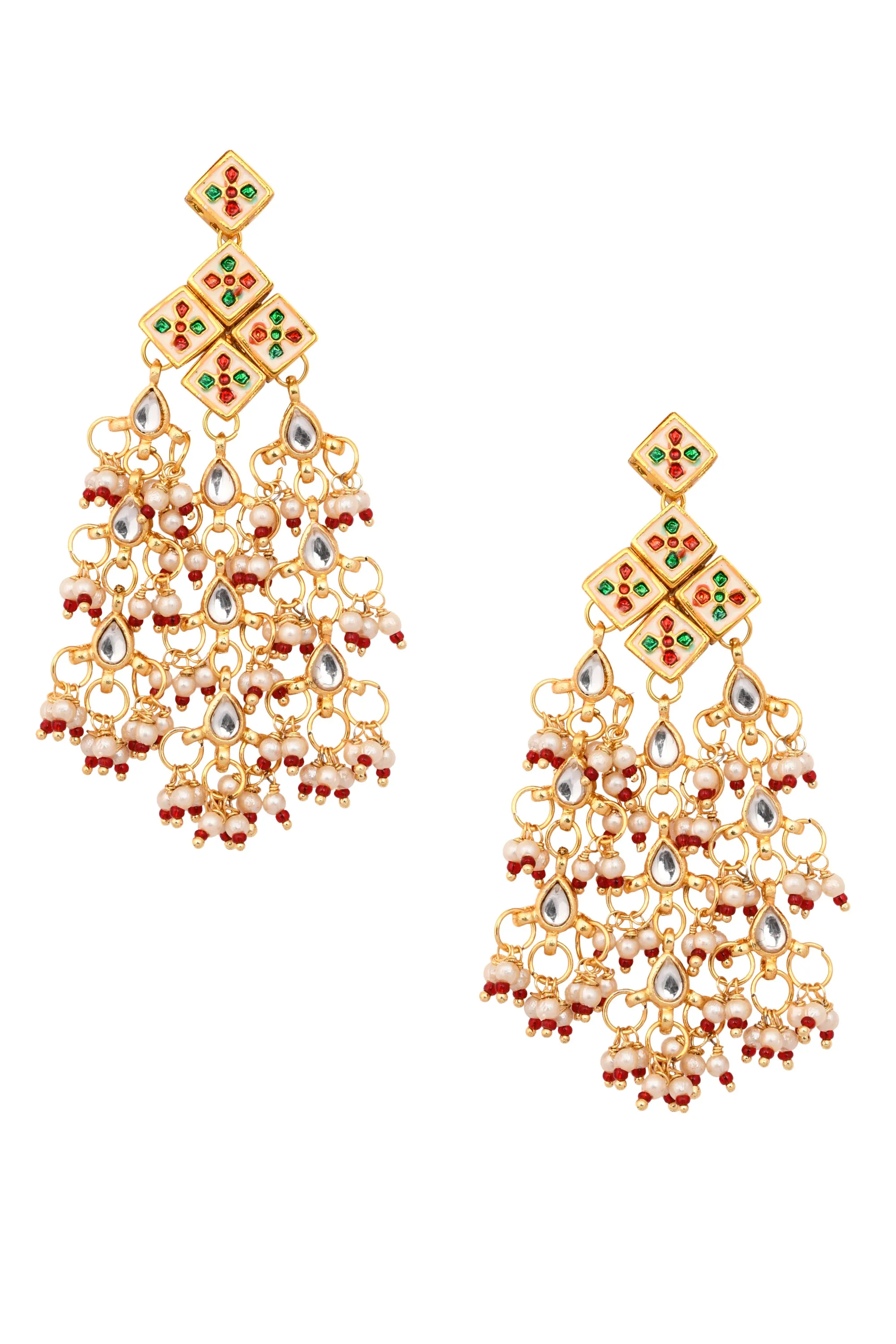 Designer Gold & White Kundan Drop Tassel Earrings