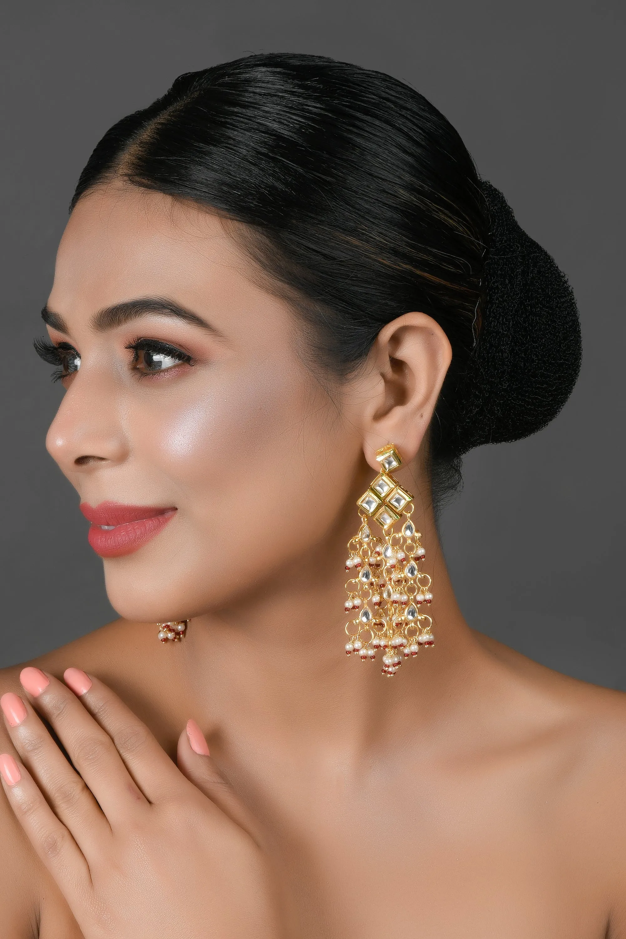 Designer Gold & White Kundan Drop Tassel Earrings