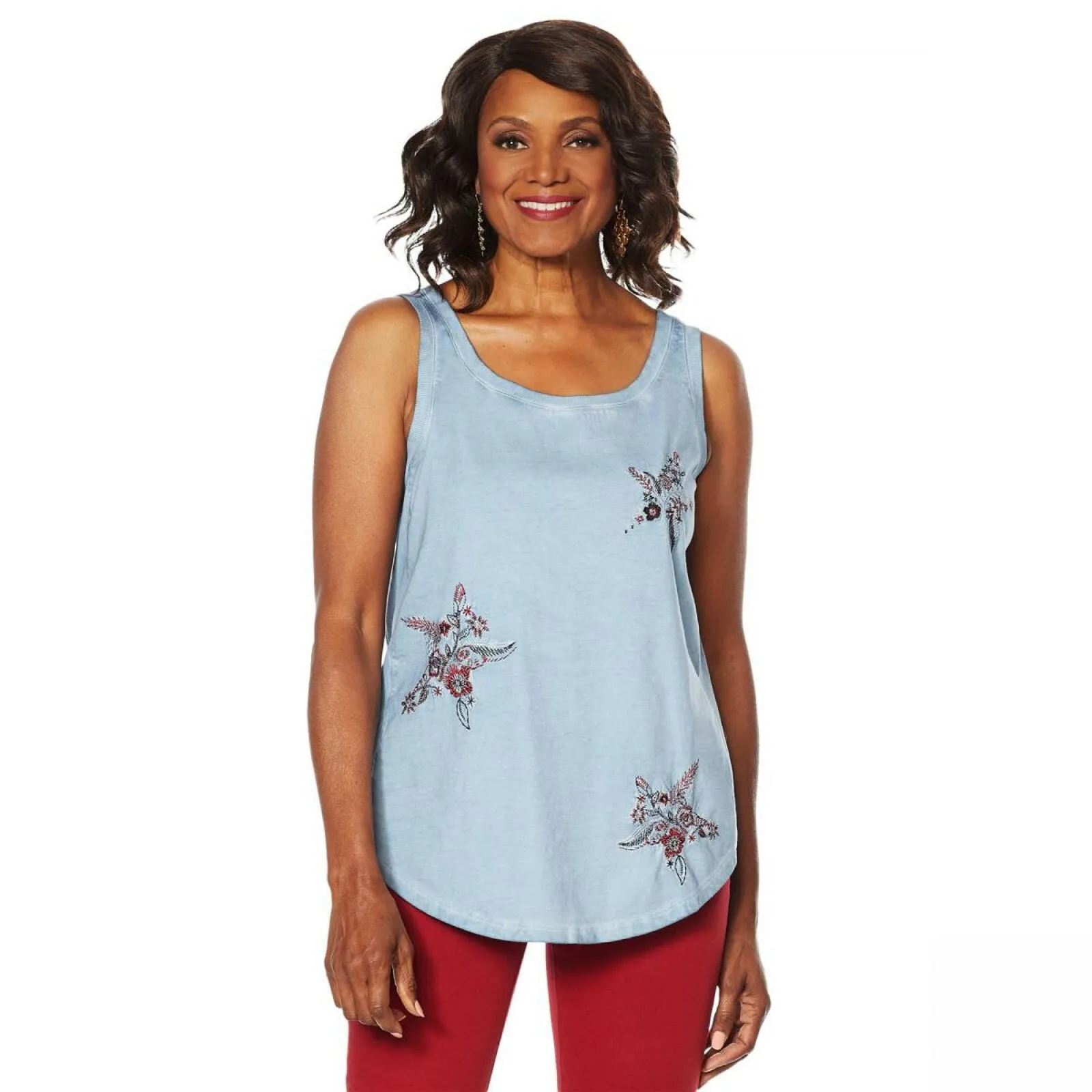 DG2 by Diane Gilman Women's Embroidered Star Tank Top Chambray Large
