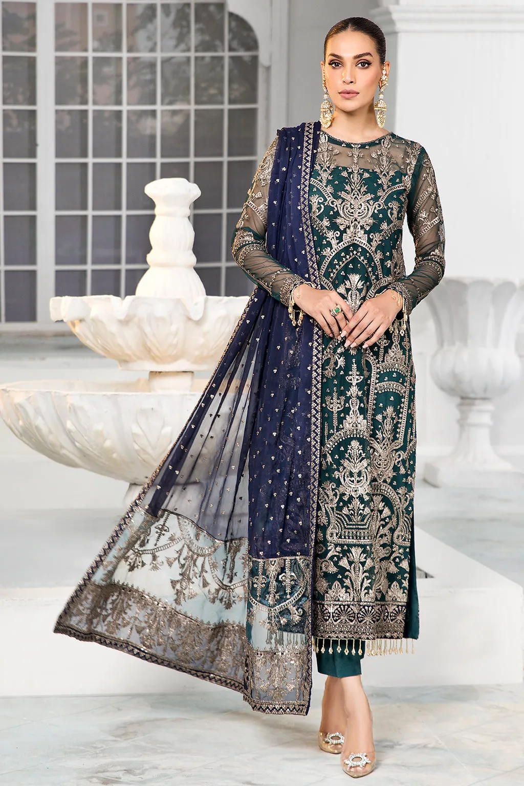 Embellished Green Pakistani Salwar Kameez Trouser Dresses