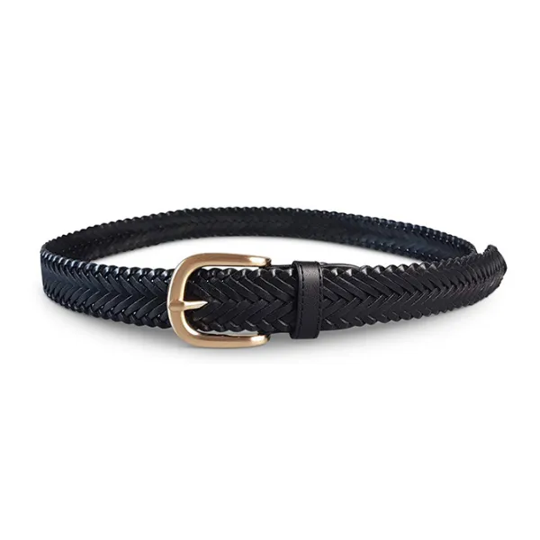 Erskinville | Women's Black Leather Braided Belt with Gold Buckle
