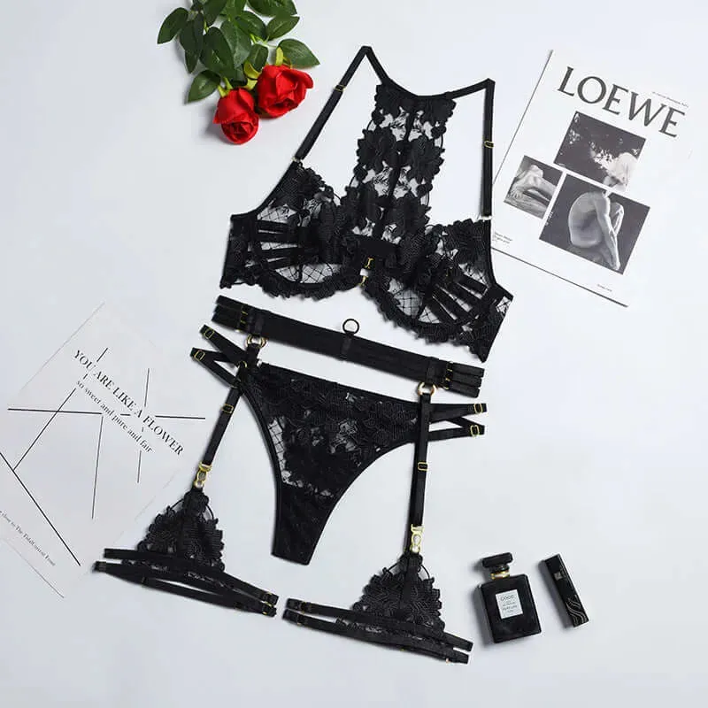 Floral Lace 3 piece Strappy Lingerie Set