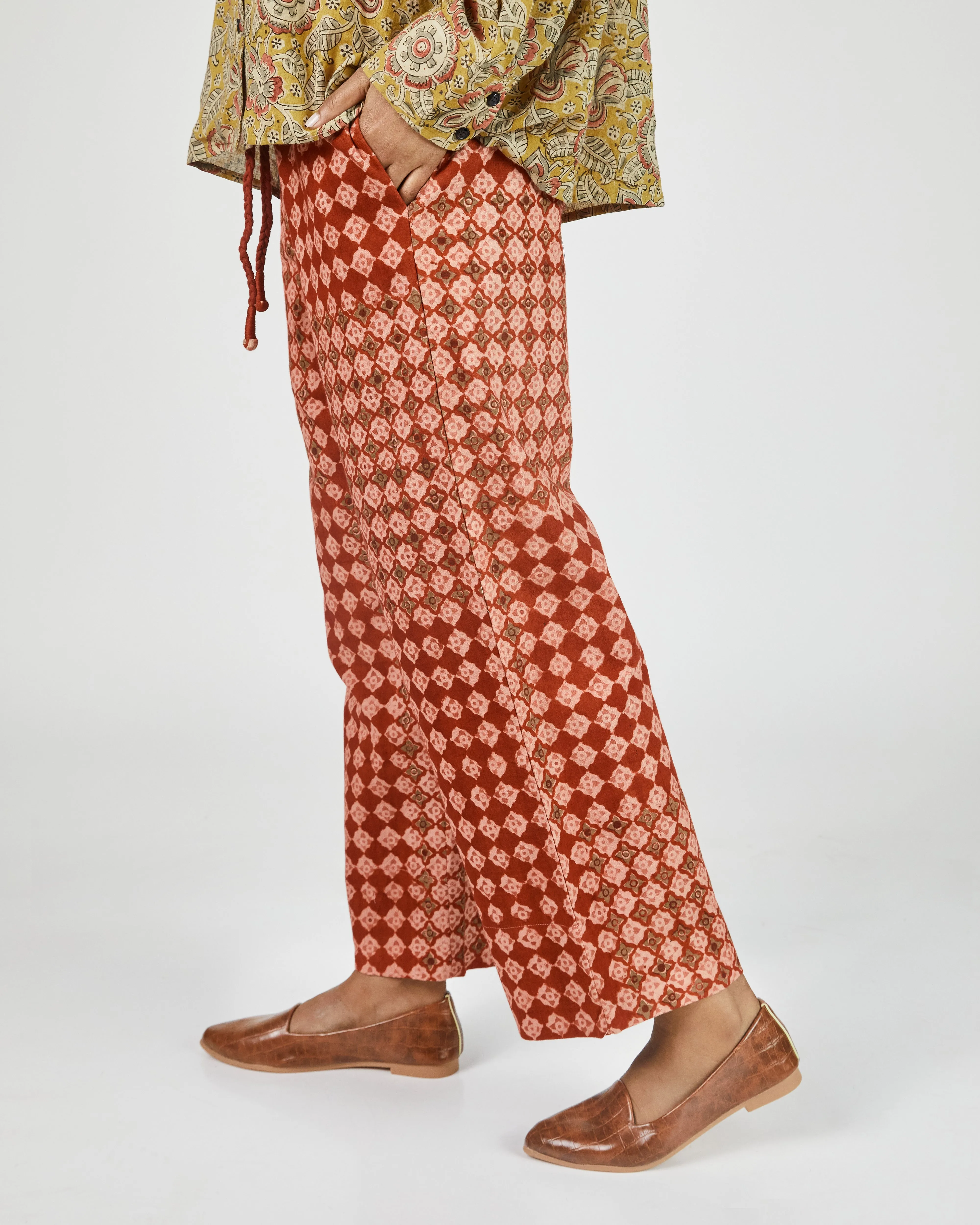 Garima Pant in Engineered Tile Block Print Madder