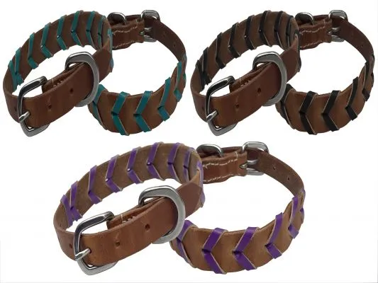 Genuine leather dog collar with braided leather color accent.
