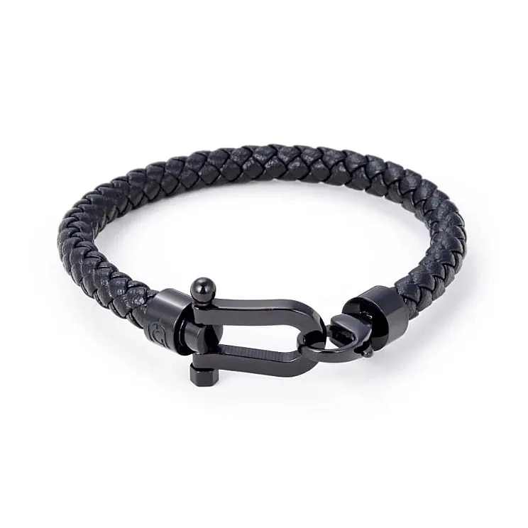 Giorgio Milano Black Ion Plated Steel Horse Shoe Braided Leather Bracelet