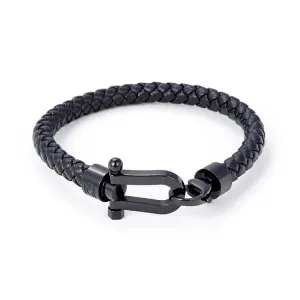 Giorgio Milano Black Ion Plated Steel Horse Shoe Braided Leather Bracelet