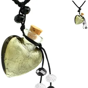 Glass Foil Heart bottle KEEPSAKE cork crystal dangles cord adjustable necklace memory grief hair locks cremation crystals urn ashes perfume oil - SMOKY QUARTZ