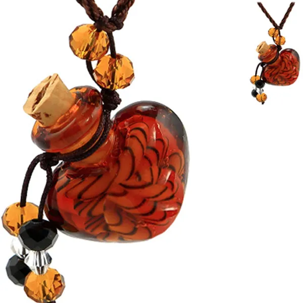 Glass Heart bottle KEEPSAKE cork crystal dangles cord adjustable necklace memory grief hair locks cremation crystals urn ashes perfume oil - U PICK