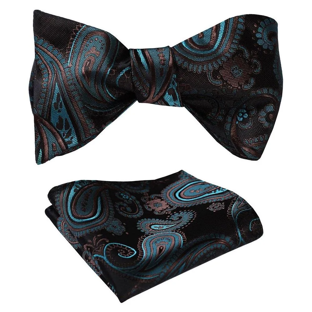 Green & Black Mens Silk Self tie Bow Tie with Pocket Squares Set