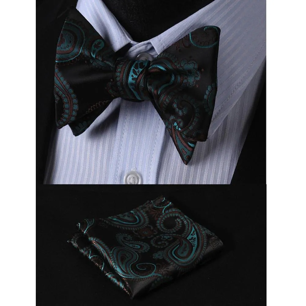 Green & Black Mens Silk Self tie Bow Tie with Pocket Squares Set