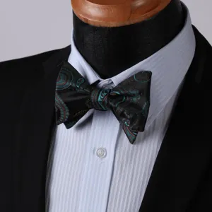 Green & Black Mens Silk Self tie Bow Tie with Pocket Squares Set
