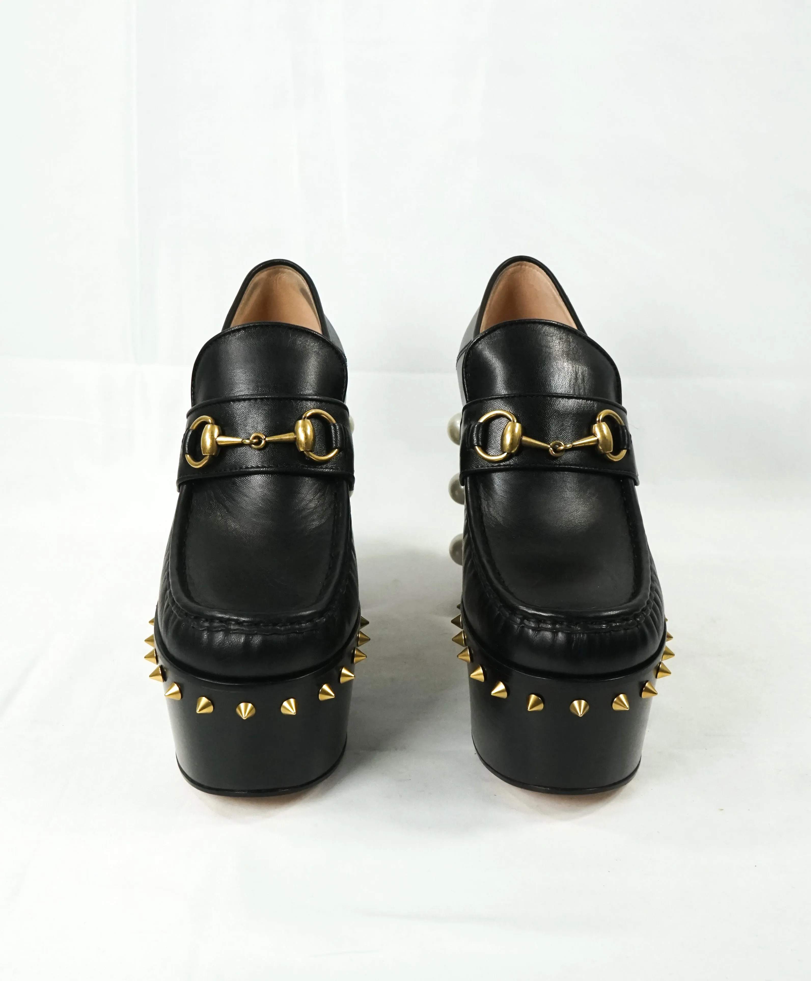 GUCCI - "Vegas" Spike Platform Heel With Gold GG Logo Pearls - 8