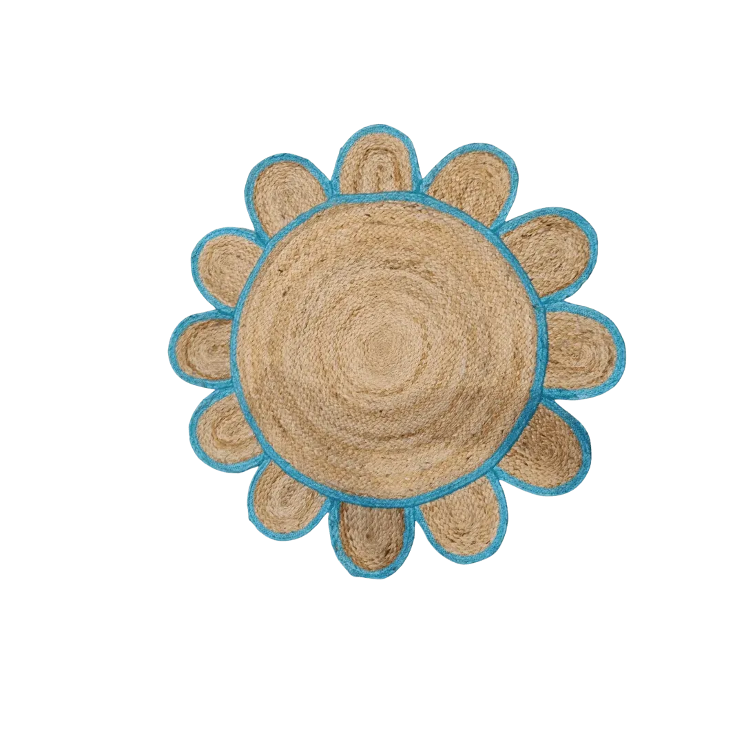 Handmade Blue Scalloped Round Jute Rug