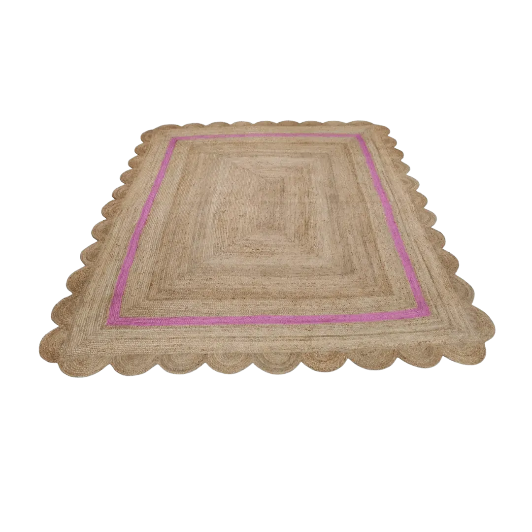Handmade Large Pink Scalloped Border Jute Rug