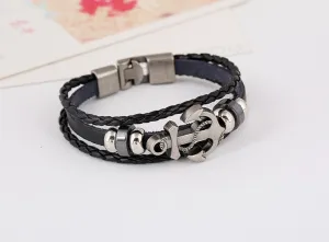 Handmade Retro Leather Anchor Charm Bracelet Men Vintage Braided Bracelet - 8in