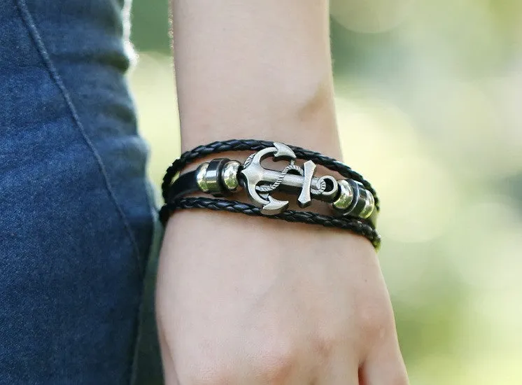 Handmade Retro Leather Anchor Charm Bracelet Men Vintage Braided Bracelet - 8in