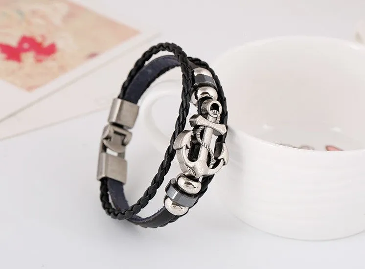 Handmade Retro Leather Anchor Charm Bracelet Men Vintage Braided Bracelet - 8in