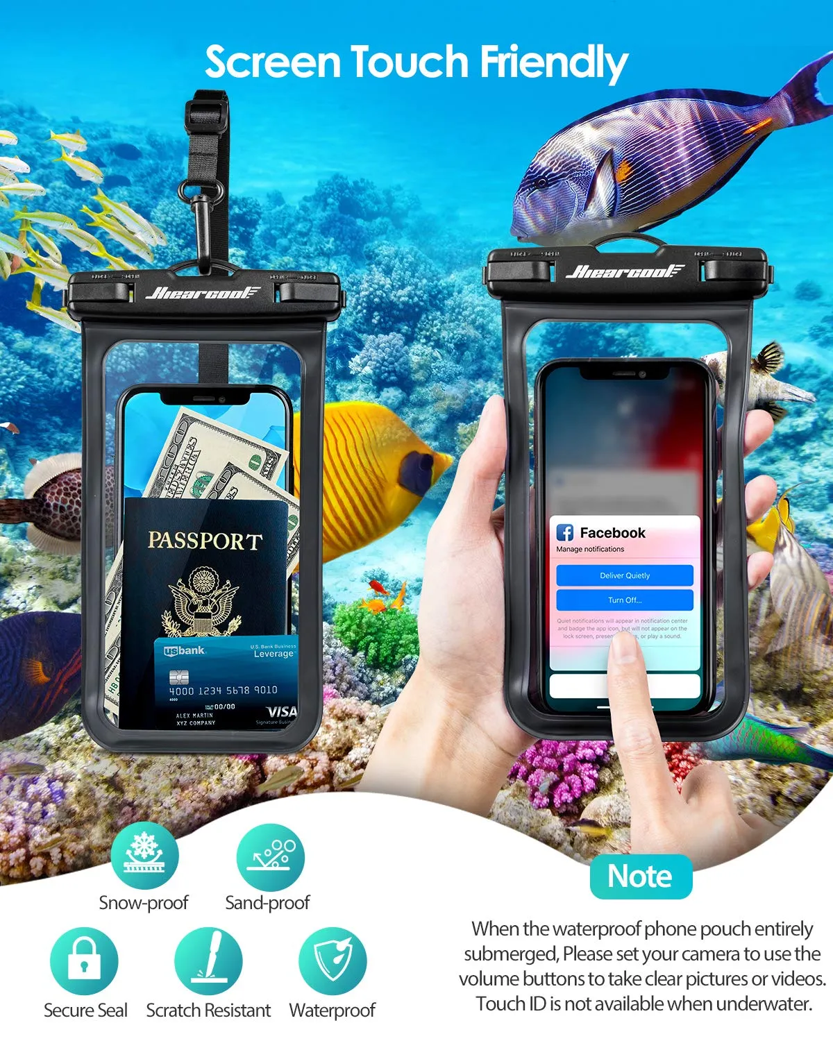 Hiearcool IPX8 Waterproof Phone Pouch, Beach Cruise Ship Essentials 2Pack 8.3"