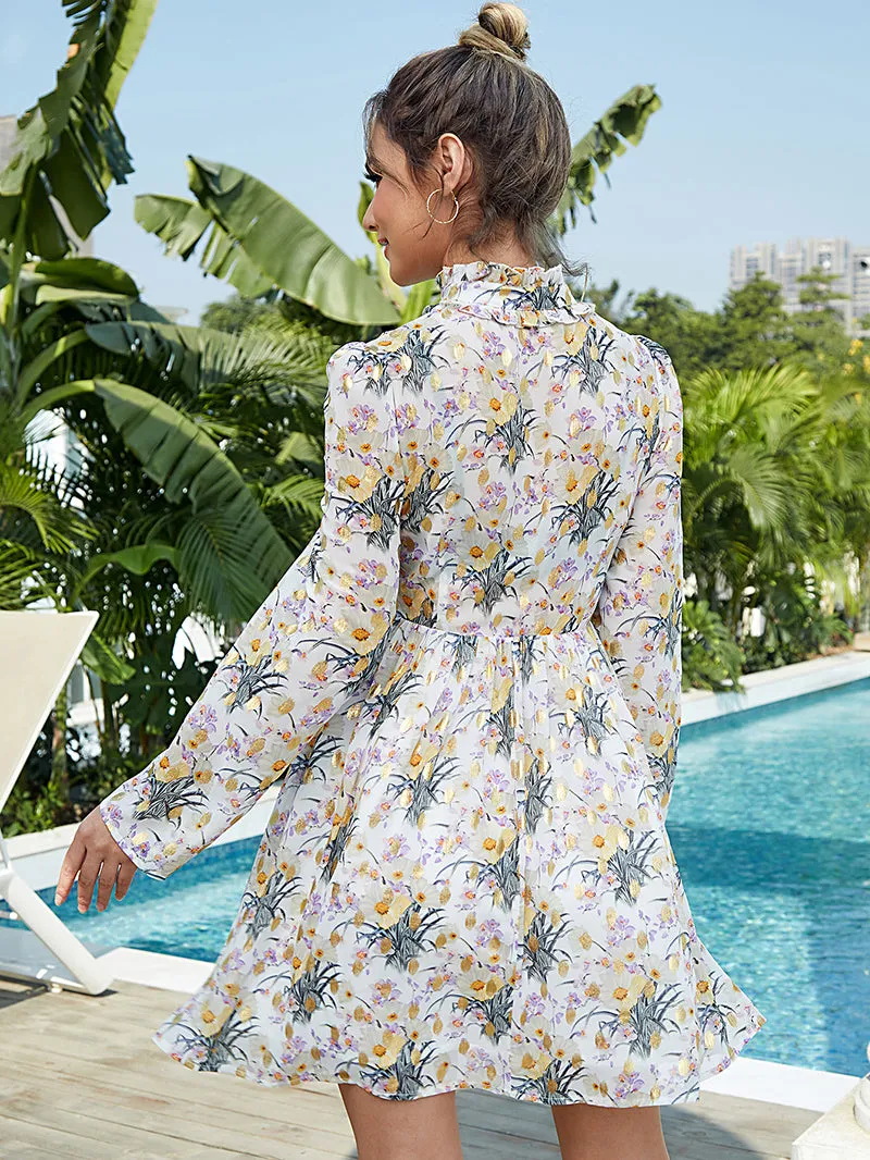 High Waist Long Sleeve Floral Printed Dress