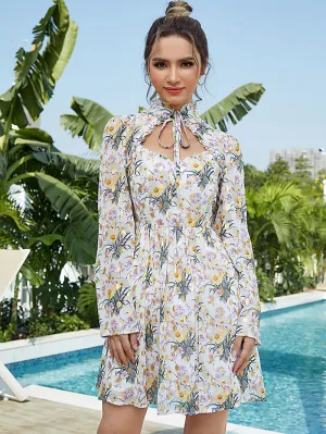 High Waist Long Sleeve Floral Printed Dress
