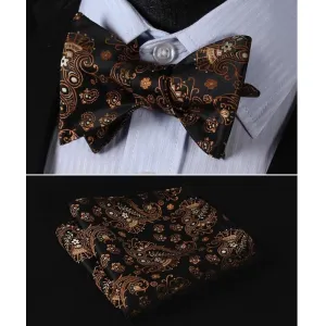 Hot Orange Black Paisley Mens Silk Self tie Bow Tie with Pocket Squares Set