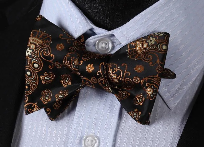 Hot Orange Black Paisley Mens Silk Self tie Bow Tie with Pocket Squares Set