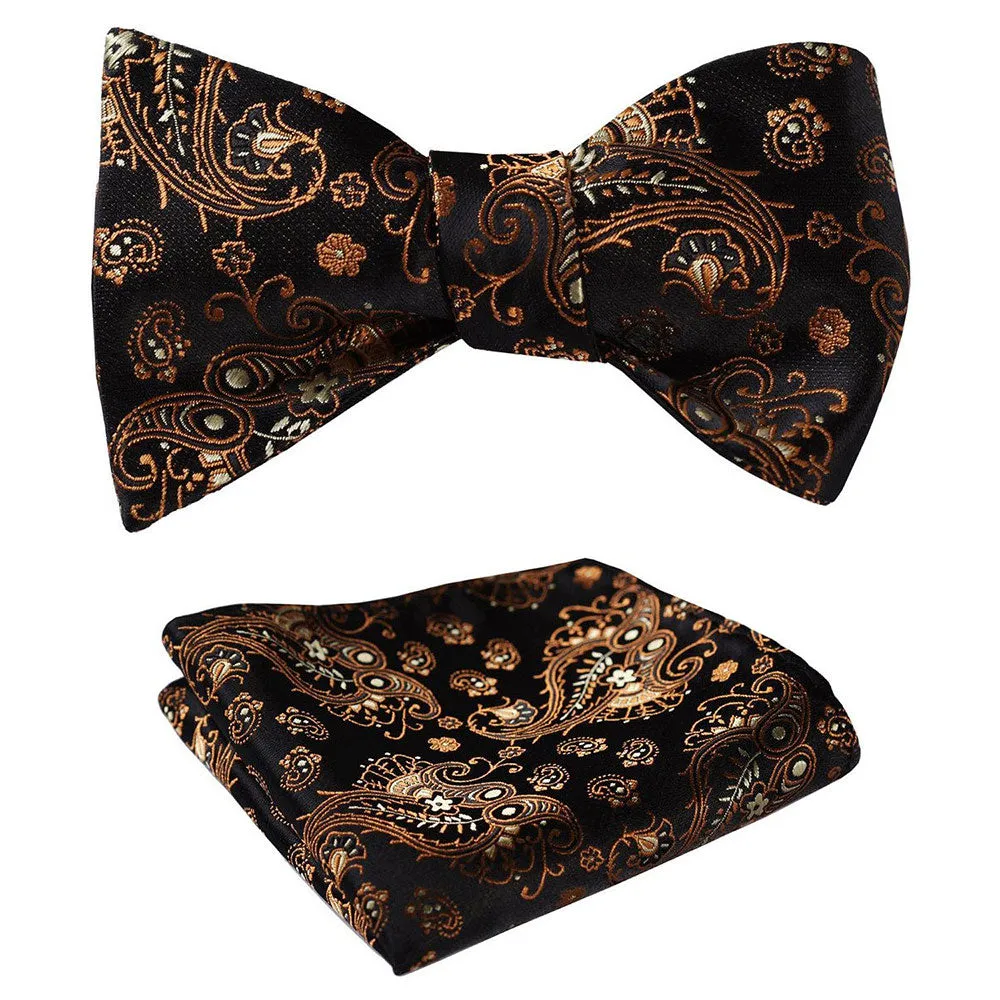 Hot Orange Black Paisley Mens Silk Self tie Bow Tie with Pocket Squares Set