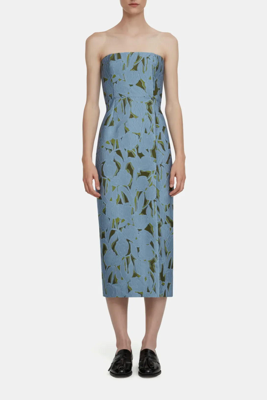 Imara Dress | Cloud Blue & Khaki Embellished Wool