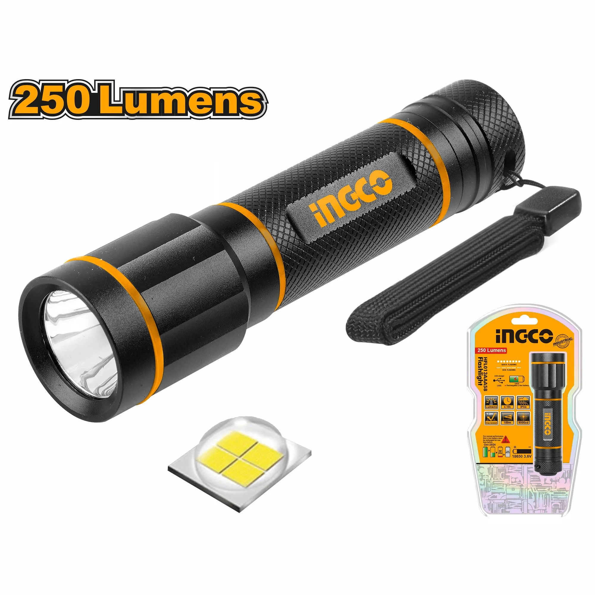 Ingco Waterproof LED Flashlight 250 Lumens - HFL013AAA58