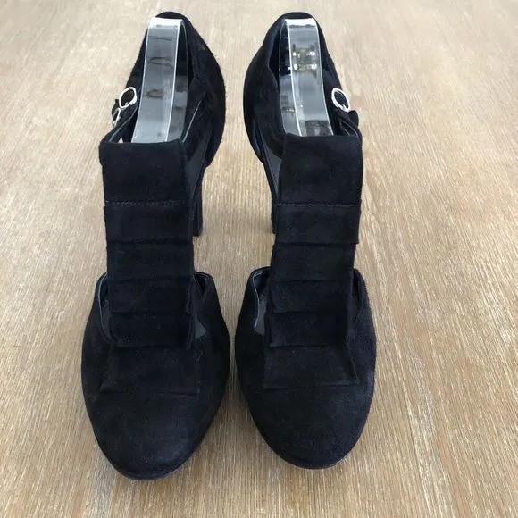 J. Crew Mary Jane Heels US 9 Suede Pleated Ruffle Pumps Made In Italy Black